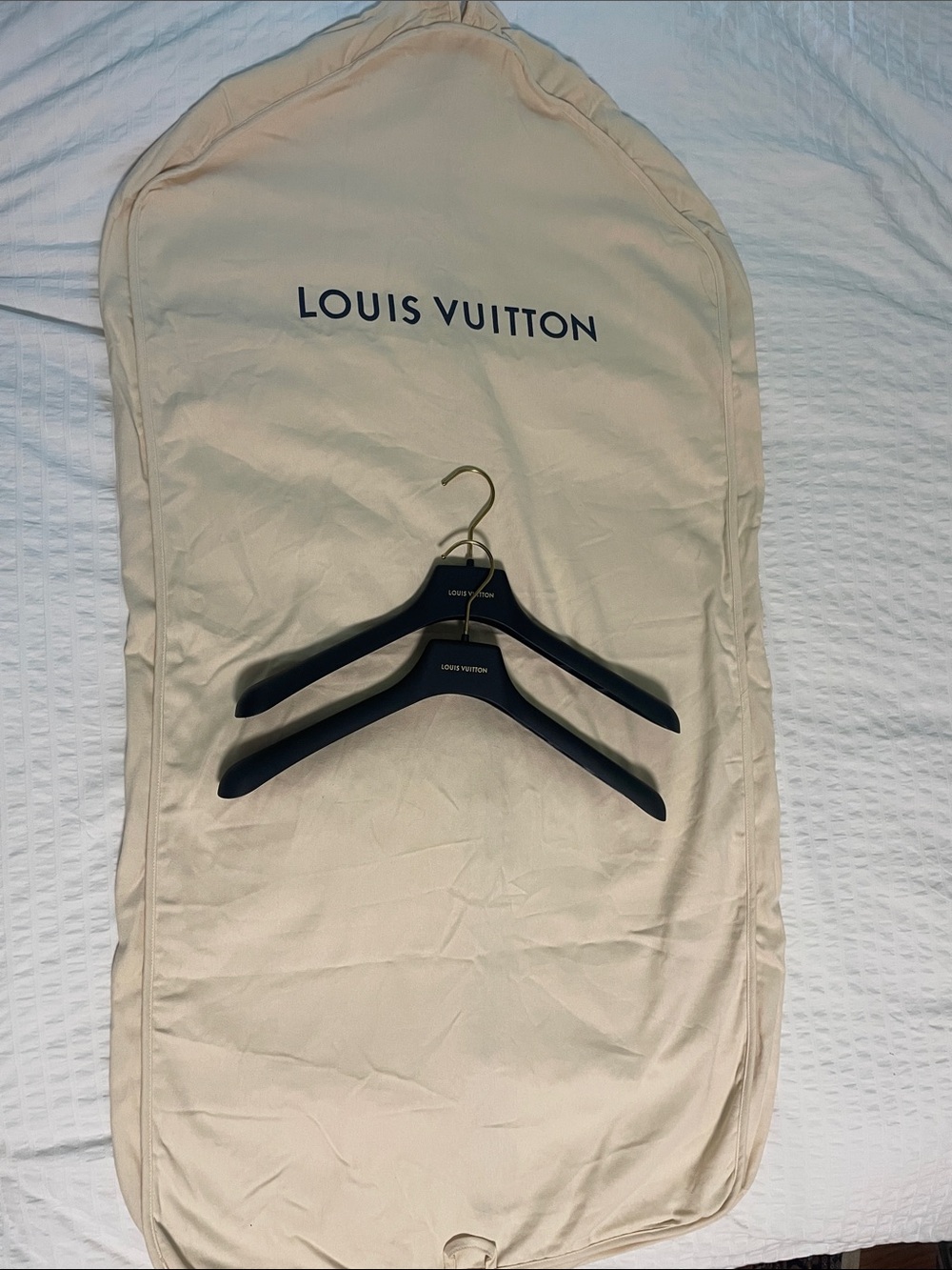 Louis Vuitton Beige Garment Bag with Black Hangers and Gold Hooks